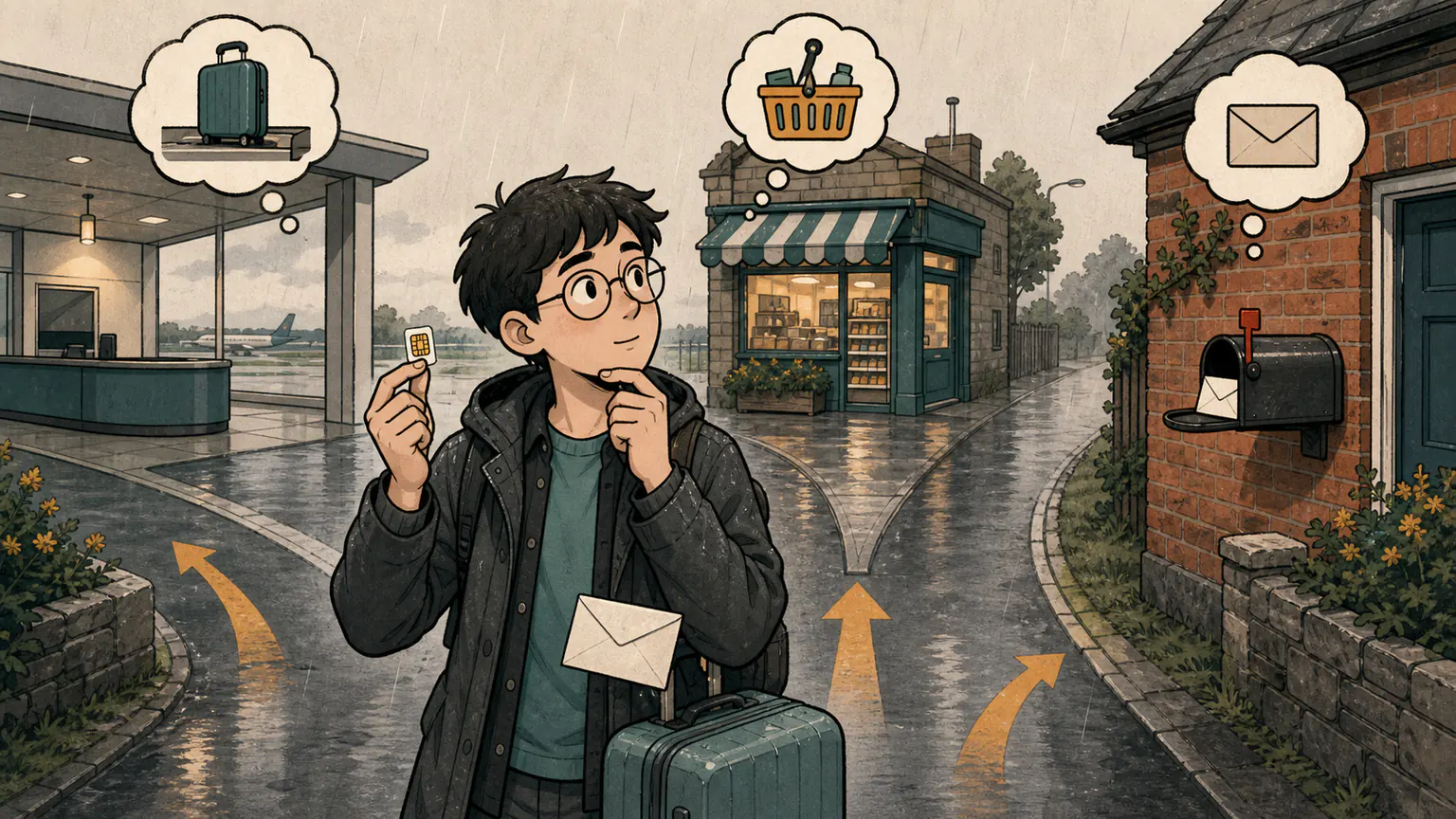 雨中的 Forest 抱着行李和信封站在三岔路口，三条路分别通向机场柜台、小店和住宅邮箱