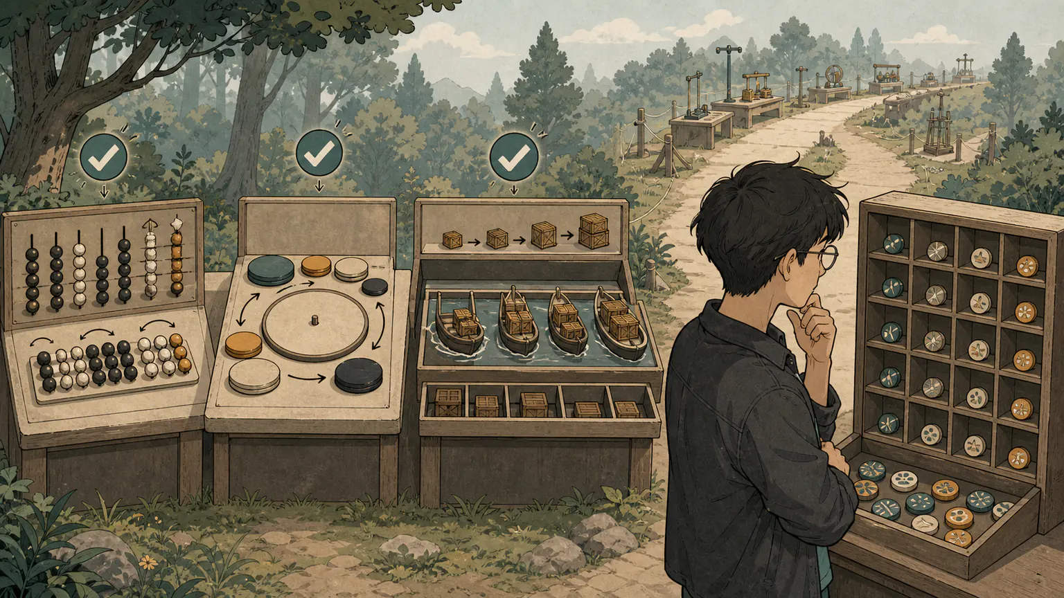 Forest 在长期训练场翻转明暗珠、配对音乐圆片、二分试装货船并拆解重复图案的计数盒
