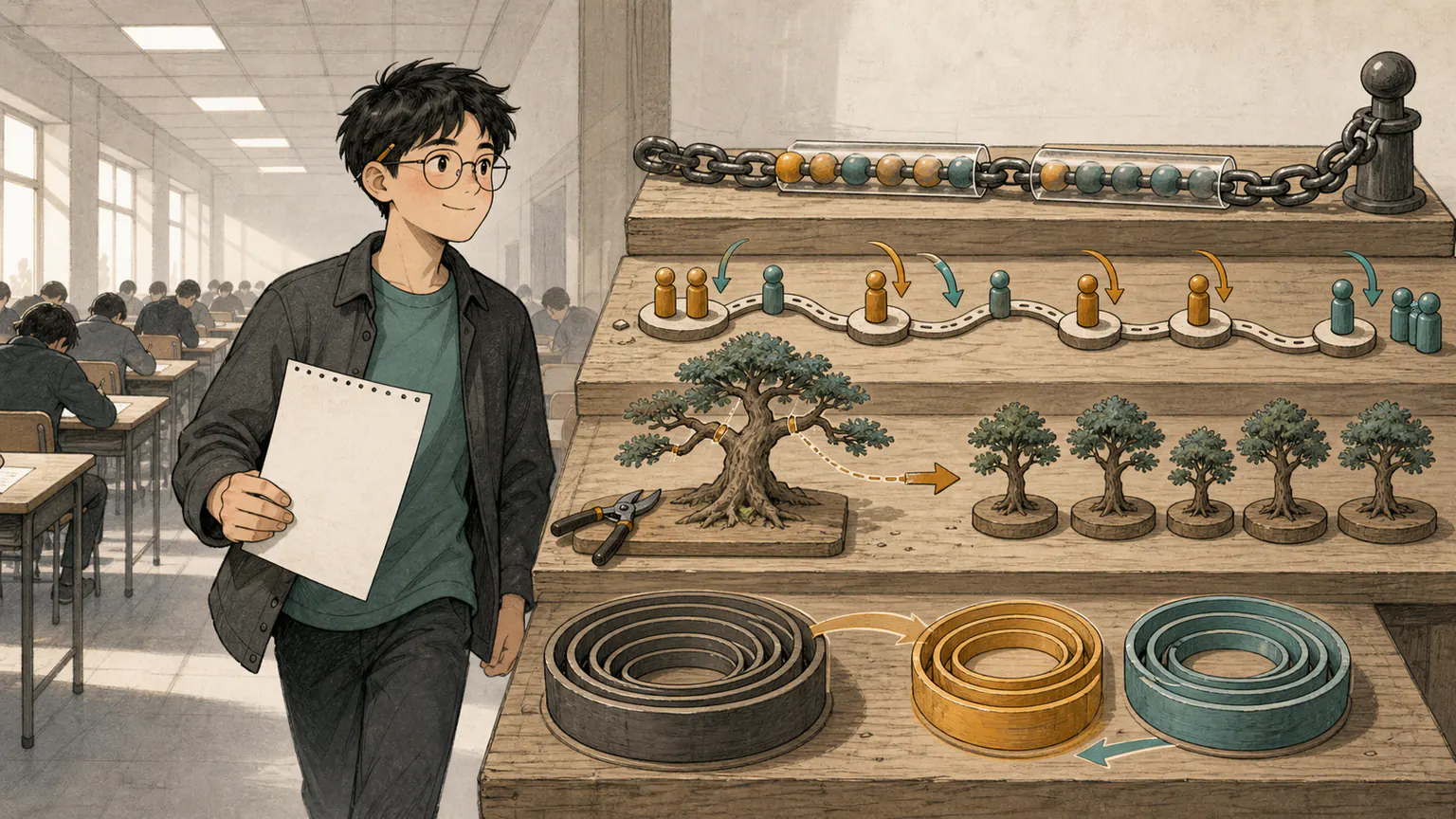 Forest 离开无字考场后，整理替换珠链、航班增减轨道、分裂树木和两组嵌套圆环