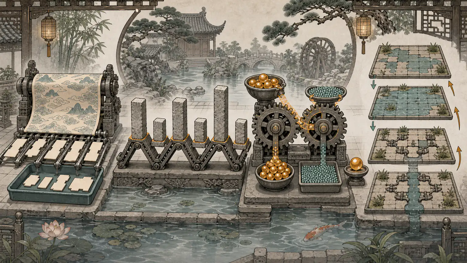 空白词片穿过长卷筛选，高低石块交错排列，成对齿轮把乘积推向极值，洪水网格由并查集连起两岸