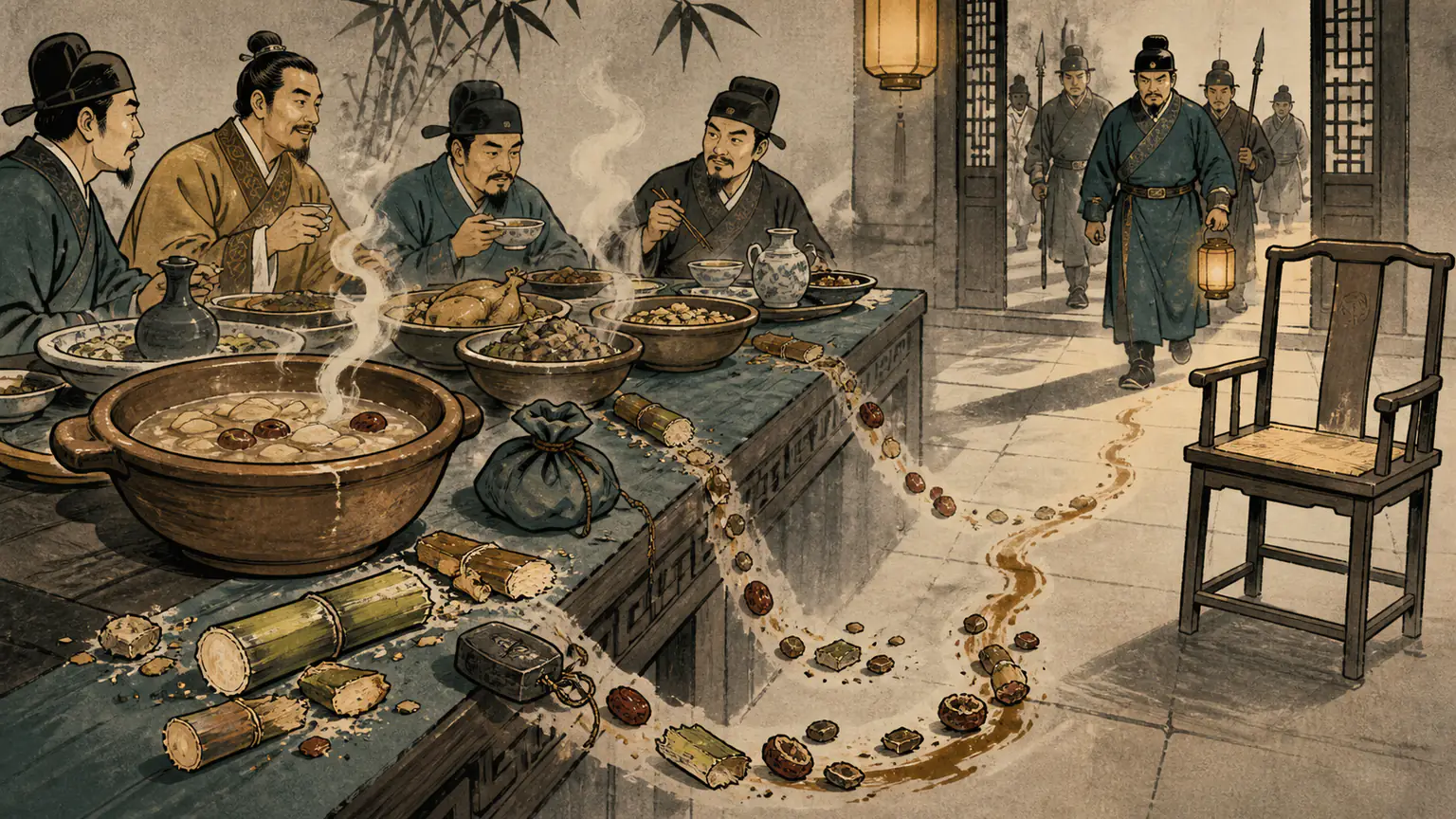 一张南越古宴桌同时化作悬案现场，蒸汽、甘蔗、枣核和封存器物沿着暗色线索汇向一把空椅
