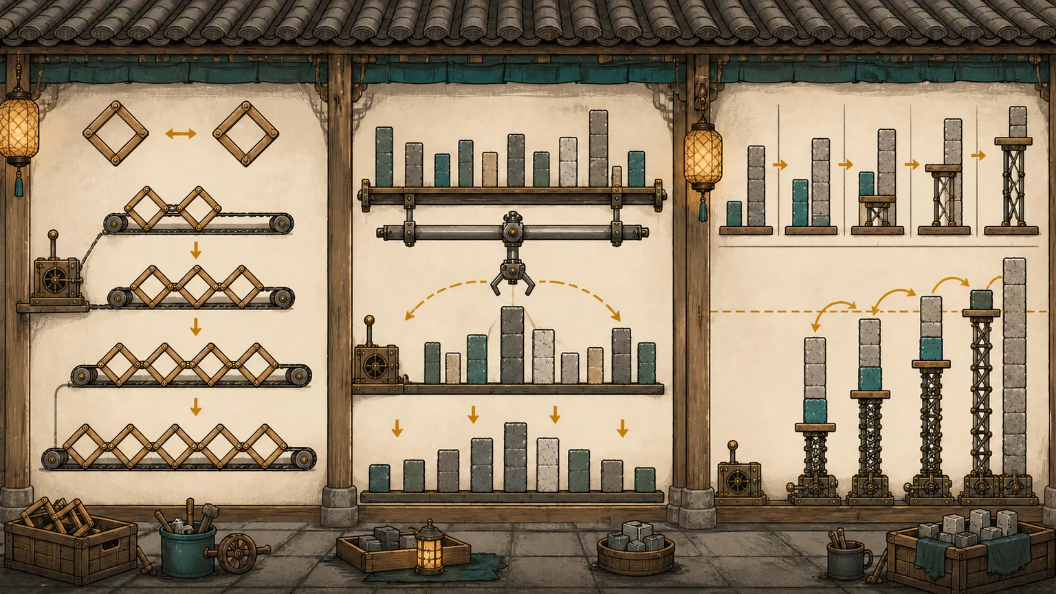 菱形链只保留两种拼接状态，石柱从中点左右交替排列，倍增升降台逐级托平低柱