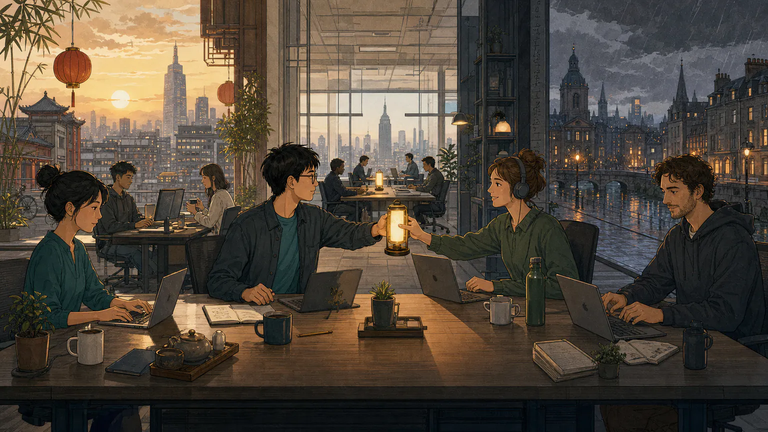 Forest 坐在跨越北京与都柏林的长桌中央，清晨和夜晚的会议钟指向远处美国办公室，三地接力守护同一盏服务灯