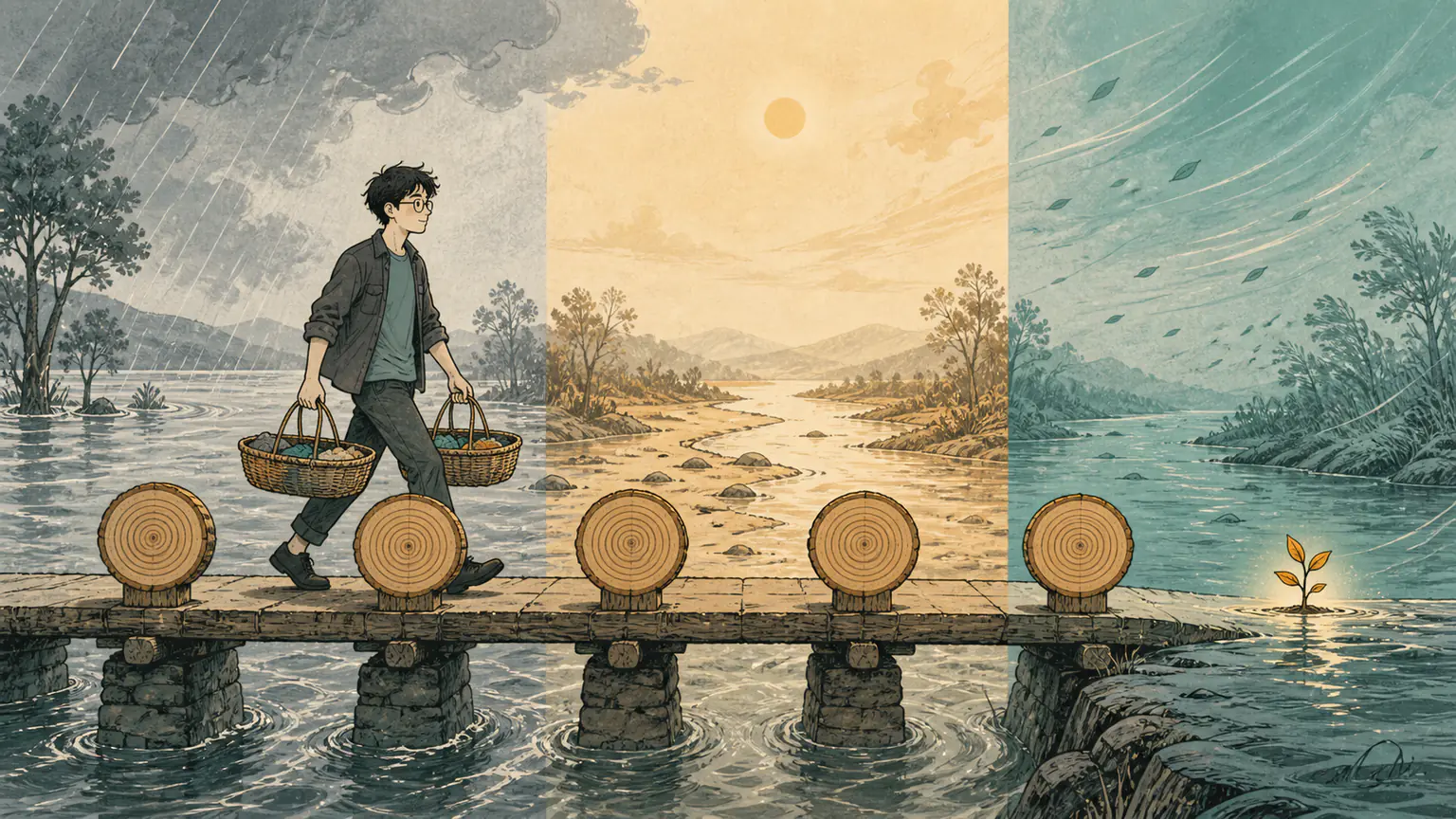 Forest 提着分散的小篮走过五圈年轮桥，穿越洪水、热浪和逆风后，看见曾被淹没的琥珀色幼苗终于露出水面