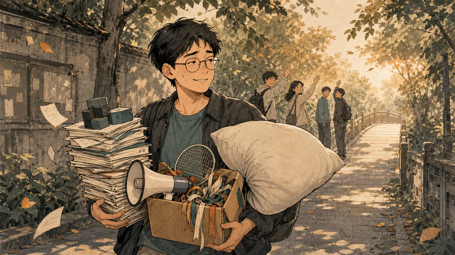 Forest 走在校园中途，一边应付课业和调试积木、社团道具与一只过大的枕头，一边望向同伴和前方的新桥