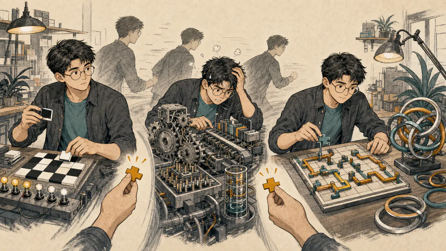 Forest 依次走过三座越来越深的技术工作台，从算法拼块进入操作系统齿轮、编译管道与语言机关